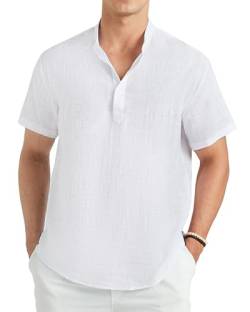 Enlision Weiß Leinenhemd Herren Kurzarm Sommerhemd Leichte Baumwolle Linen Hemden für Männer Ohne Kragen Freizeithemd Henley Shirt Regular Fit L von Enlision