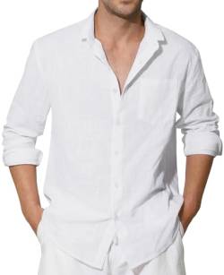 Enlision Weißes Leinenhemd Herren Hemd Langarm Baumwolle Leichtes Sommerhemd Freizeithemd Regular Fit Locker Henley Shirt mit Brusttasche 2XL von Enlision