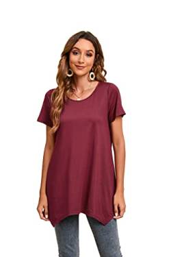 Enmain Damen Burgund Tunika Top Kurzarm Rundhals Bluse Tuniken Casual Longshirt Plissiert Swing T Shirt für Sommer XXL von Enmain