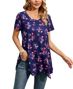 Enmain Damen Tunika Kurzarm Sommer Große Größen Elegant Blumen Blusen Tuniken Für Frauen Weihnachten Festliche Bluse Long Oberteil Shirt,Blau Violett,3XL von Enmain