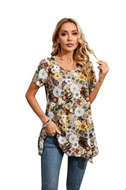 Enmain Damen Tunika Kurzarm Sommer Große Größen Elegant Blumen Blusen Tuniken Für Frauen Weihnachten Festliche Bluse Long Oberteil Shirt,Mehrfarbig,S von Enmain