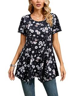 Enmain Damen Tunika Kurzarm Sommer Große Größen Elegant Gänseblümchen Blusen Tuniken Für Frauen Weihnachten Festliche Bluse Long Oberteil Shirt,Schwarz/Weiß,XL von Enmain