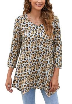 Enmain Damen Tunika Langarm 3/4 Ärmel V Ausschnitt Longbluse Musterdruck Lange Oberteile für Frauen Große Größen Shirt Tuniken Blusen,Leopard,2XL von Enmain