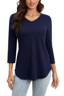 Enmain Damen Tunika Langarm Dunkelblau V-Ausschnitt Tops Große Größen 3/4 Ärmel Longbluse Tuniken Top Elegant Oberteile für Frauen Marineblau 2XL von Enmain