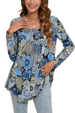 Enmain Damen Tunika Langarm Lose Tunika für Leggings Damen V-Ausschnitt Tunika Bluse Übergröße Shirts Bluse mit Knöpfen Blumendruck Damen,L1-Blau/Schwarz,XL von Enmain