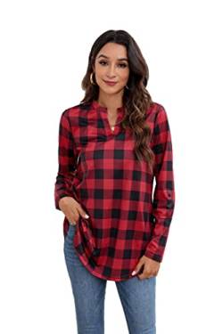 Enmain Damen Tunika Shirt Langarm Bluse Shirts V-Ausschnitt 3/4 Ärmel Bluse Tunika Rot Plaid Printed Tunika Tops für Damen,XXL von Enmain