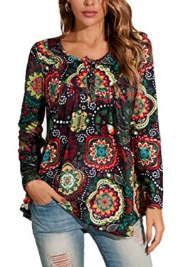 Enmain Damen Tunika Shirt Langarm Tunika Longshirt Damen Große Größen V-Ausschnitt Longbluse Shirt Casual Elegante Tunika Tops mit Knöpfen Paisley Blumen T-Shirt Damen 2XL Schwarze Blume von Enmain