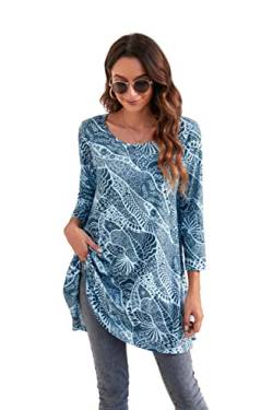 Enmain Damen Tunika Top 3/4 Langarm Blusen Tuniken Longline Bluse Longshirt Casual Elegante Rundhals Swing Tunika Tops für Damen Blau von Enmain