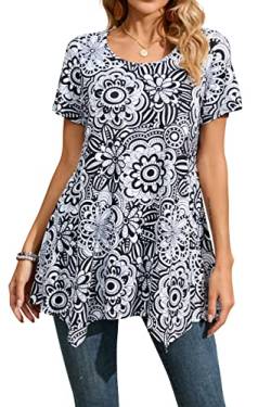 Enmain Damen Tunika Top Kurzarm Blusen Tuniken Longline Bluse Longshirt Casual Elegante Rundhals Swing Tunika Tops für Damen Schwarz/Weiß M von Enmain