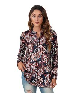 Enmain Damen Tunika Tops Langarm Bluse Shirts V-Ausschnitt 3/4 Ärmel Bluse Tunika Wein Rot Paisley Printed Tunika Tops für Damen,XL von Enmain