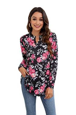 Enmain Damen Tunika Tops Langarm Schwarz Bluse Shirts V-Ausschnitt 3/4 Ärmel Bluse Tunika Rot Rose Printed Tunika Tops für Damen, XXL von Enmain