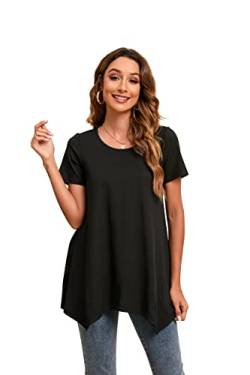 Enmain Schwarz Kurzarm Tunika Tops für Damen Casual Bluse T Shirt Rundhals Swing Blusen Tuniken Plissiert Langshirt Hemd 3XL von Enmain