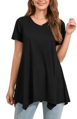 Enmain Tunika Damen Kurzarm Sommer Schwarz Große Größen V Ausschnitt Oberteile für Frauen T-Shirt Elegant Casual Blusen Tuniken Shirt,Schwarz,2XL von Enmain