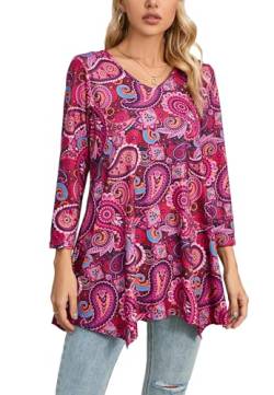 Enmain Tunika Damen Langarm 3/4 Ärmel V Ausschnitt Langarmshirt Große Größen Elegante Longbluse Lange Oberteile für Frauen Tuniken Shirt,Heißes Rosa,2XL von Enmain