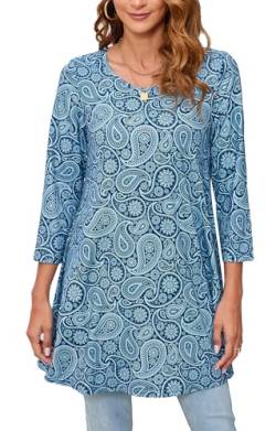 Enmain Tunika Damen Langarm Große Größen Herbst 3/4 Arm Longshirt Longbluse Paisley Bluse Shirt Oberteil Tops Elegant Lässig Blau 2XL von Enmain