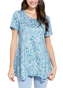 Enmain Tunika Damen Sommer Kurzarm Große Größen Blaue Paisley T Shirts Bluse Elegante Longbluse Longshirt Oberteile Tops Lässig 2XL von Enmain