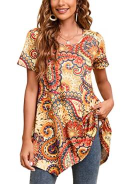 Enmain Tunika Damen Sommer Kurzarm Longshirt Locker Große Größen 3/4 Ärmel Bluse Tuniken Top Longbluse Oberteil Mit Aufdruck Für Lässig Festliche,Gelb,3XL von Enmain