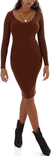 Enzoria Damen Feinstrick Kleid Knielang Stretch gerippt tiefer V-Ausschnitt, Mahagoni Dunkelbraun 34-36 von Enzoria