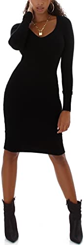 Enzoria Damen Feinstrick Kleid Knielang Stretch gerippt tiefer V-Ausschnitt, Schwarz 34-36 von Enzoria