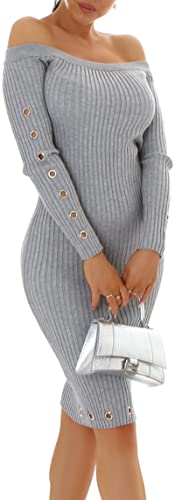 Enzoria Damen Strickkleid Minikleid Carmen-Ausschnitt Langarm Feinripp-Streifen Bodycon Etui Ringe Nieten, Grau, 34-38 von Enzoria