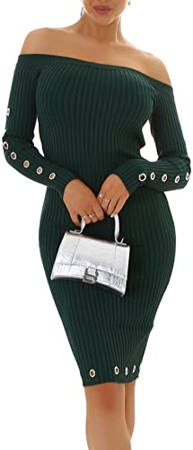 Enzoria Damen Strickkleid Minikleid Carmen-Ausschnitt Langarm Feinripp-Streifen Bodycon Etui Ringe Nieten, Grün von Enzoria