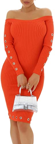Enzoria Damen Strickkleid Minikleid Carmen-Ausschnitt Langarm Feinripp-Streifen Bodycon Etui Ringe Nieten, Rot-Orange, 24 Apricot, 34-38 von Enzoria