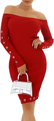 Enzoria Damen Strickkleid Minikleid Carmen-Ausschnitt Langarm Feinripp-Streifen Bodycon Etui Ringe Nieten, Rot von Enzoria