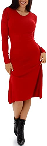 Enzoria Damen Strickkleid Stretch Feinripp-Streifen A-Linie Midikleid, Rot von Enzoria