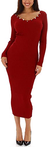 Enzoria Damen langes Strickkleid einfarbig gerippt Stretch Bodycon, Rot von Enzoria