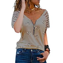 Eogrokerr Damen Tops, Damen Bluse Tops Kurzarm Print Top Shirts Tunika Tops Sommer Herz Druck Zipper Shirts Bluse, coffee, 54 von Eogrokerr