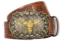 Eohak Cowboy-Gürtel für Männer und Frauen, Longhorn-Bull-Muster, Schnalle, Texas, Cowboy, Westernschnallen, florale geprägte Cowboy-Gürtel, Braun, Fit Waist 33-38 in von Eohak