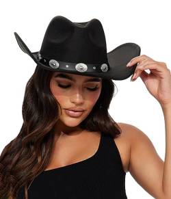 Eohak Cowboyhut für Damen, mit Nieten, breite Krempe, Gaucho-Hut, knautschbarer Fedora-Hut mit Gürtelschnalle, Größe M/L, Schwarz 3, M von Eohak