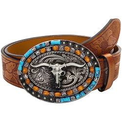 Eohak Western Cowboy Cowgirl PU-Ledergürtel – Damen Herren Türkis geprägte Taillengürtel mit LongHorn Bull-Schnallen von Eohak