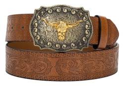 Eohak Western-Ledergürtel mit Cowboy-Schnalle für Herren und Damen, Jeans, gravierter Floraler Longhorn Bull Texas-Schnallengürtel (33–41 Zoll Taille) (Braun, Für 84–94 cm Taille) von Eohak