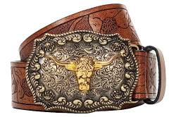 Herren Western-Cowboy-Gürtel – Longhorn Stier Muster Schnalle Gürtel Floral Gravur Schnalle Gürtel, Braun, 34-38W von Eohak