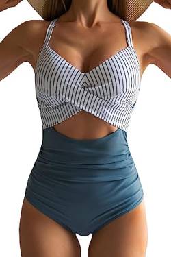 Eomenie Damen-Badeanzug, Einteiler, Bauchkontrolle, hohe Taille, Ausschnitt, Wickelband im Rücken, 1 Stück, Blau gestreift, Large von Eomenie