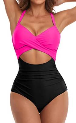 Eomenie Damen-Badeanzug, Einteiler, Bauchkontrolle, hohe Taille, Ausschnitt, Wickelband im Rücken, 1 Stück, Hot Pink / Schwarz, Large von Eomenie