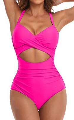 Eomenie Damen-Badeanzug, Einteiler, Bauchkontrolle, hohe Taille, Ausschnitt, Wickelband im Rücken, 1 Stück, Knallpink (Hot Pink), XL von Eomenie