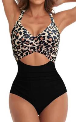 Eomenie Damen-Badeanzug, Einteiler, Bauchkontrolle, hohe Taille, Ausschnitt, Wickelband im Rücken, 1 Stück, Leopard, Large von Eomenie