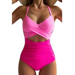 Eomenie Damen-Badeanzug, Einteiler, Bauchkontrolle, hohe Taille, Ausschnitt, Wickelband im Rücken, 1 Stück, Pink, Large von Eomenie