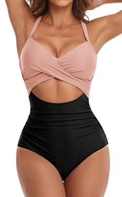 Eomenie Damen-Badeanzug, Einteiler, Bauchkontrolle, hohe Taille, Ausschnitt, Wickelband im Rücken, 1 Stück, schwarz/pink, Medium von Eomenie