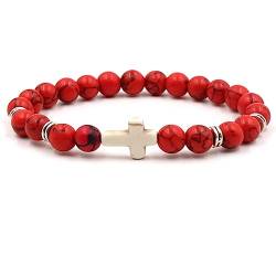 Epinki 8mm Naturstein Armbänder mit Anhänger Kreuz für Damen & Herren, Perlenarmband, Handgemacht, 19CM (Rot) von Epinki