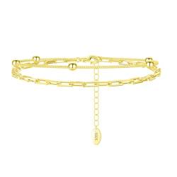 Epinki 925 Armbänder, Doppelschicht Ketten mit Kugel Freundschafts Armband Armreif Sterling S925 Silber, Gliederarmband für Damen, Gold, 21.5CM von Epinki