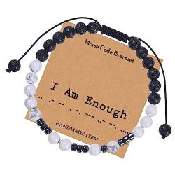 Epinki Naturstein Armband Morsecode I Am Enough für Damen & Herren, 6mm Echten Natursteinen Stretch Perlen Armbänder, Paar Geschenk für Frauen und Männer, 30CM (Schwarz Weiß) von Epinki