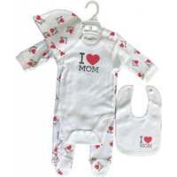 EplusM Shirt & Hose 4-teiliges Baby-Bekleidungs-Set 'I Love MOM', Body, Strampler, Mütze, (Set, 4-tlg) von EplusM