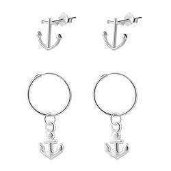 Epoch World 2 Paare 925 Sterling Silber Ohrringe Silber Ohrstecker Huggie Creolen mit Anhänger Silber Ohrringe Anker Ohrstecker Piercing Unisex Ohrringe Set Ohrringe für Damen Herren Mädchen von Epoch World