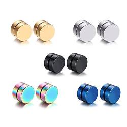 Epoch World 5 Paare Set Edelstahl Magnet Ohrringe für Herren Damen CZ Ohrringe Rund Ohrringe Clips Tunnel 8mm Silber Schwarz Gold Blau Bunt von Epoch World