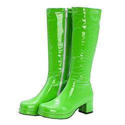 ErikenUrben Damen Go-Go Stiefel Mode Knie Stiefel Lack Leder Chunky Absatz Mid Stiefel Plateau Party Hochzeit Schuhe 60s Costume Stiefel Reißverschluss Green Große 43 Asiatisch von ErikenUrben