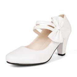 ErikenUrben Damen Vintage Mary Jane Schuhe Süß Bogen Heels 1950s Schuhe mit Absatz Knöchelriemchen Lolita Schuhe Party Dressy Pumps Schuhe White Size 38 Asian von ErikenUrben