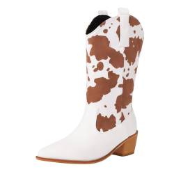 ErikenUrben Mid Cowboy Stiefel Damen Cow Print Western Stiefel Stacked Heel Cowgirl Stiefel Western Style Tall Stiefel Brown Große 39 Asiatisch von ErikenUrben